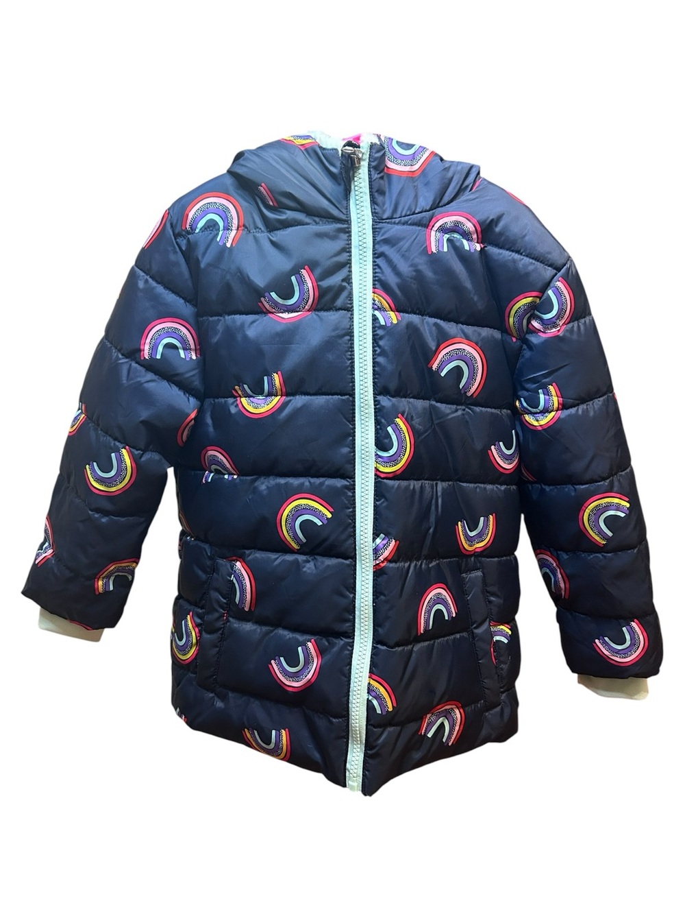 Kids Girls Swiss Tech Navy Rainbow Puffer Jacket - Waterproof Zip Front